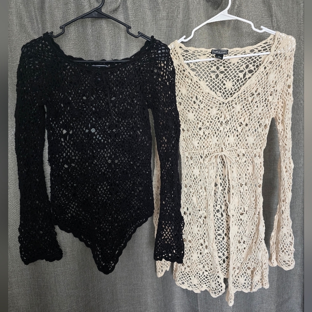 Vtg Y2k Set Of 2 Take Out Open Knit Long Sleeve Tops Ivory & Black Sz M Fairy